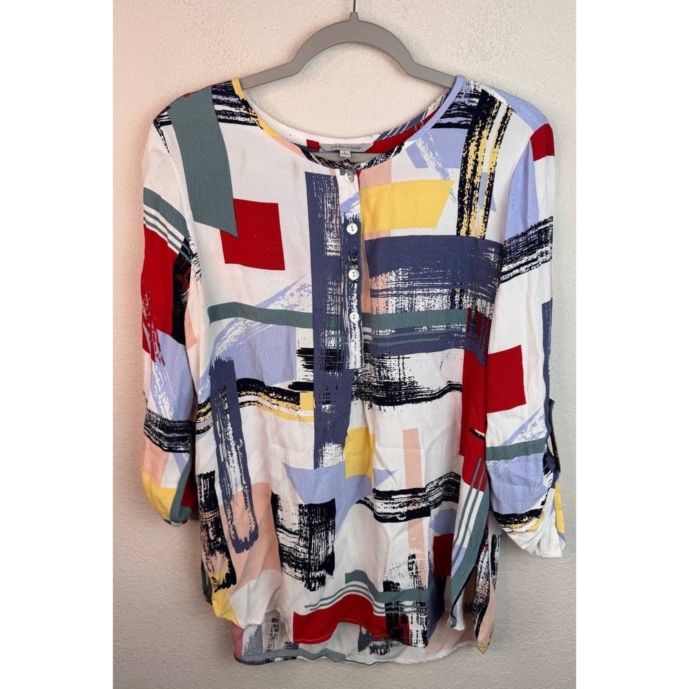 John Mark Abstract Print Tunic Top Popover Relaxed Sz L Eclectic Artsy‎ Coastal